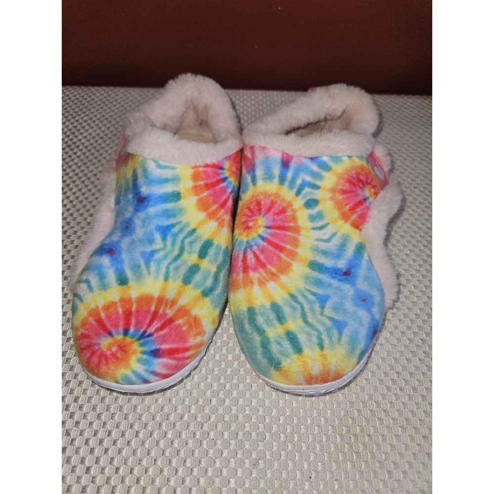 L-RUN Kids Fuzzy House Slippers - Rainbow Tie Dye Y6